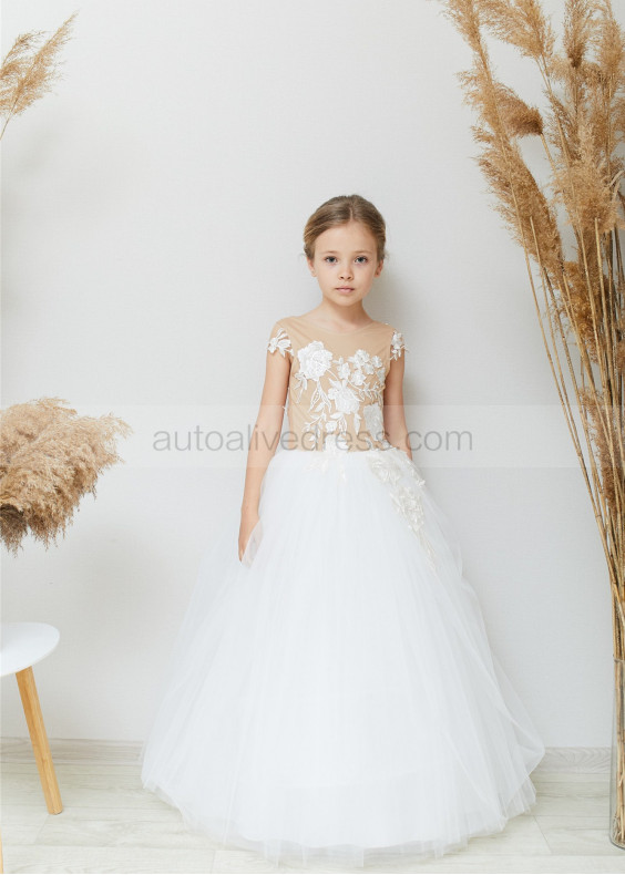 Cap Sleeve Ivory Lace Tulle Buttons Back Flower Girl Dress